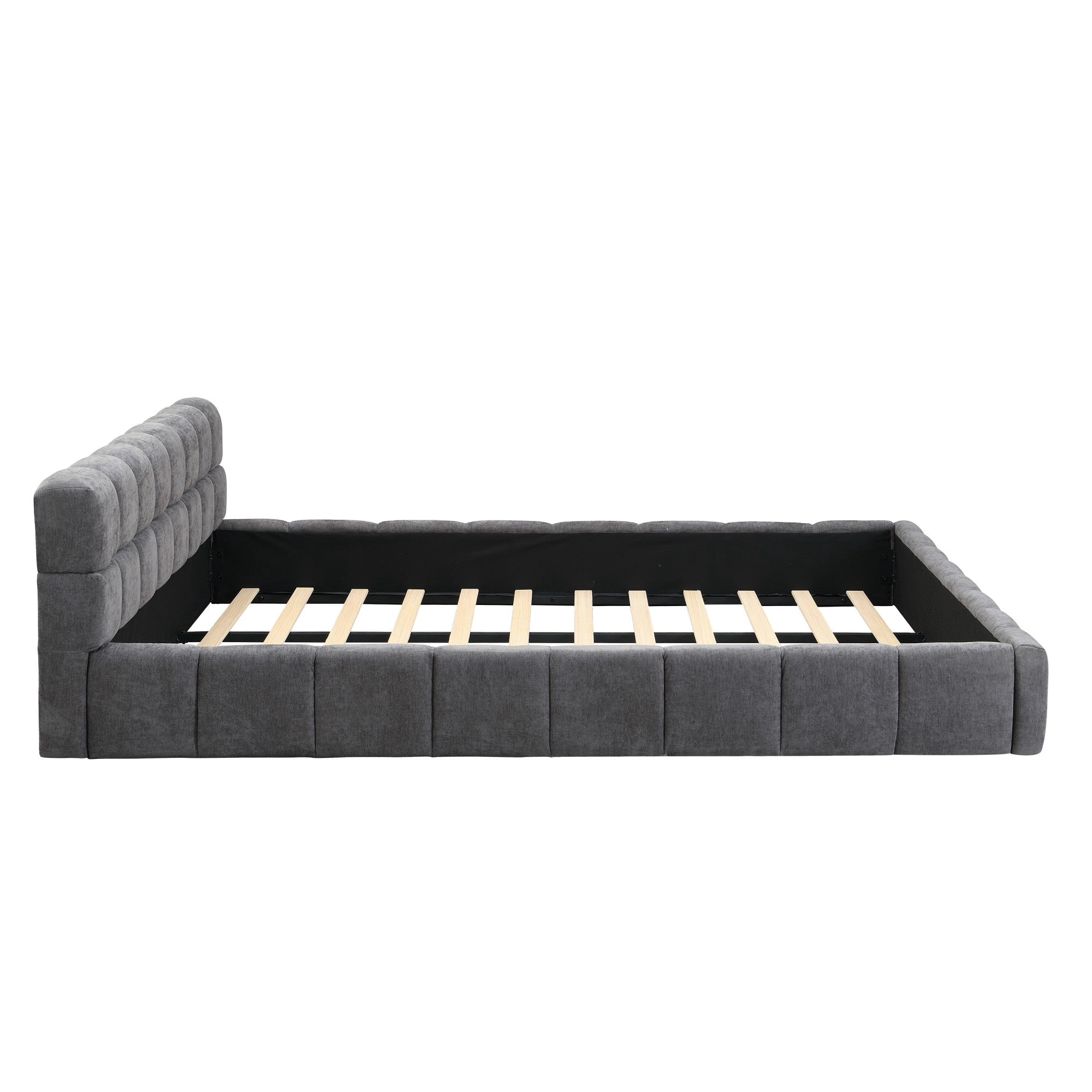 Sailvan King Chenille Upholstered Bed Frame,Modern Checkerboard Pattern Headboard,Soft Grey Fabric Platform Bed