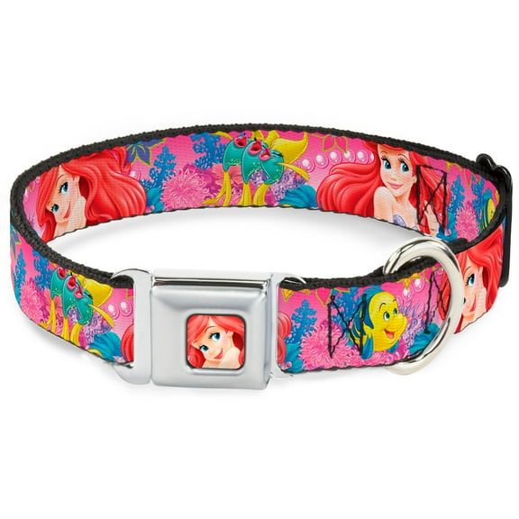 Disney Pet Collar, Dog Collar Metal Seatbelt Buckle, Ariel Flounder Fish Trio Poses Pinks, 20 to 31 Inches 1.5 Inch Wide
