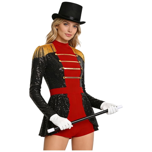 Linjinx Women Sequin Lion Tamer Outfit Fringed Bodysuit And Accessories Set Black S