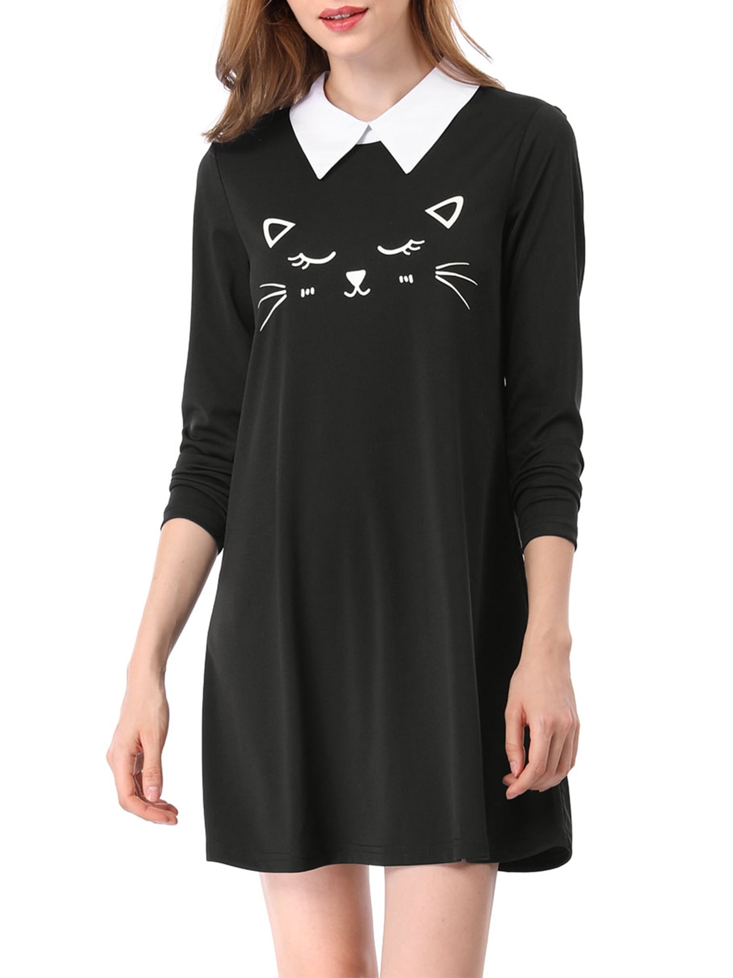 Unique Bargains Women's Cat Face Print Contrast Collar Flare Hem Dress