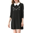 thumbnail image 3 of Unique Bargains Women's Cat Face Print Contrast Collar Flare Hem Dress Black S, 3 of 8