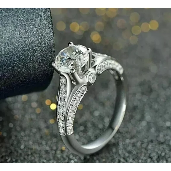 OM JEWELS 2.00Ct Round Cut Real Moissanite Engagement Wedding Ring 14K White Gold Plated