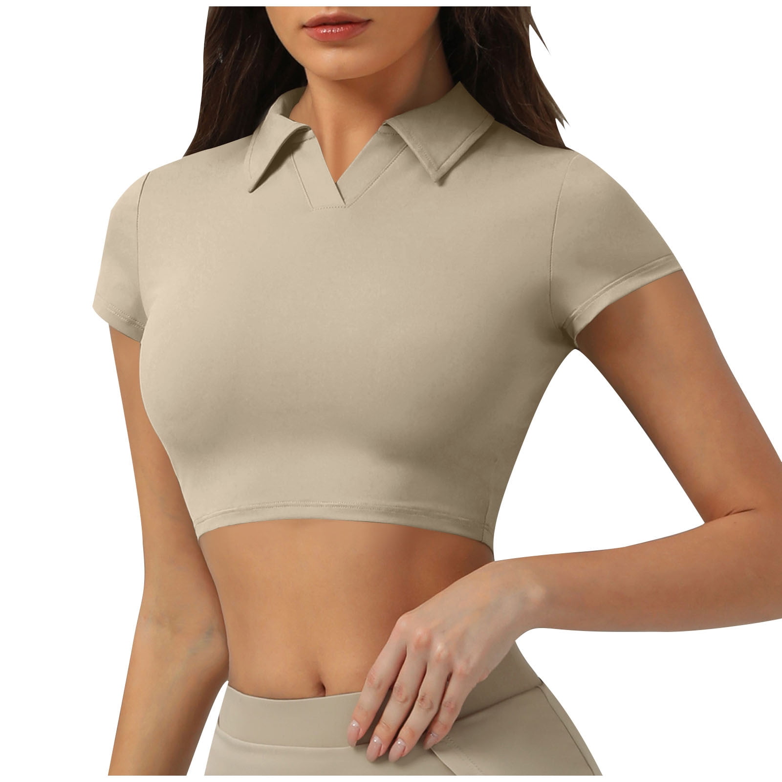 ZQUUVOU Women's Turndown Collar T-Shirt C Solid Color Short Sleeve