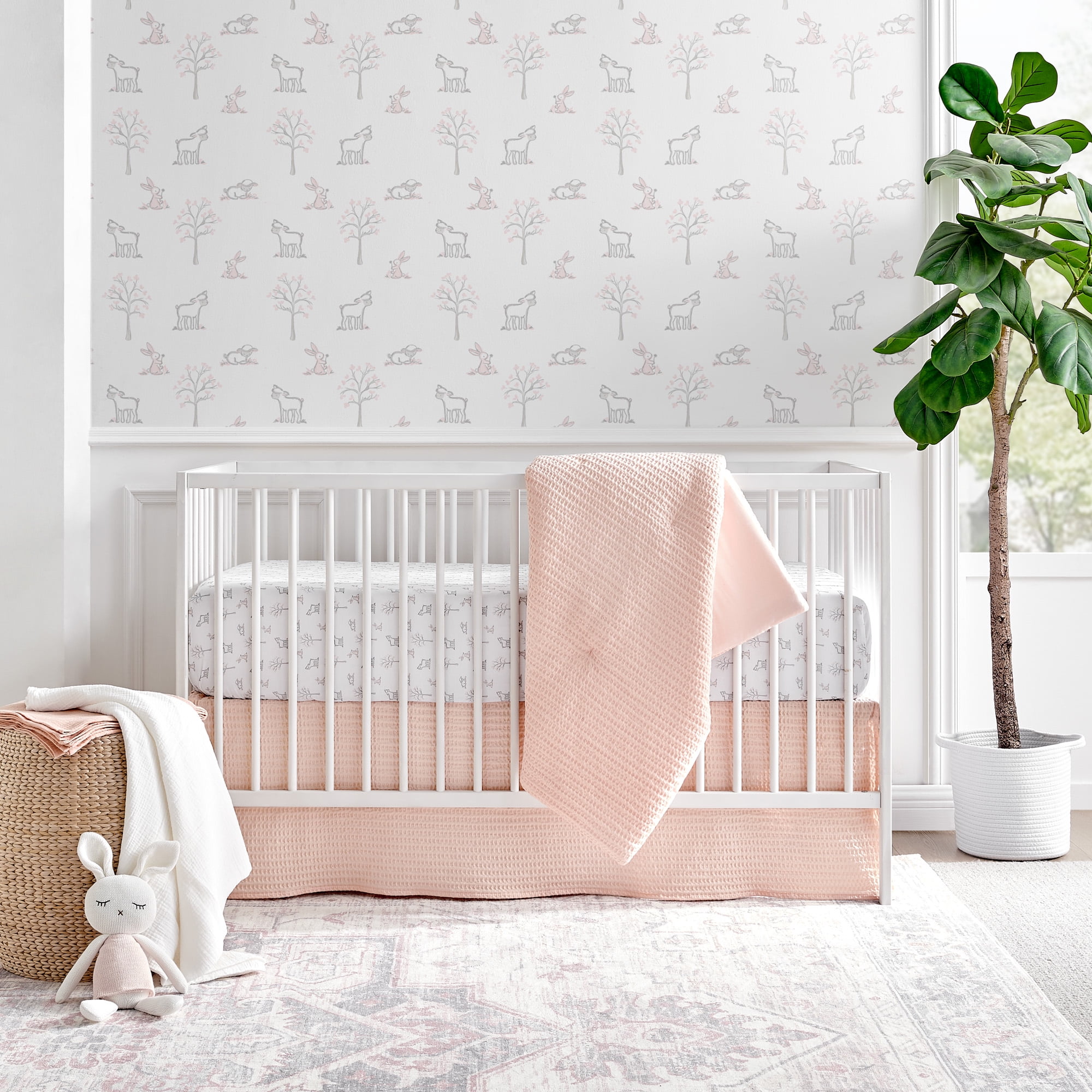 Levtex Baby Mills Waffle Crib Bed Set Baby Nursery Set White White Textured Waffle 4 Piece Set Includes Quilt Fitted Sheet Dust Ruffle and Rope Basket Walmart