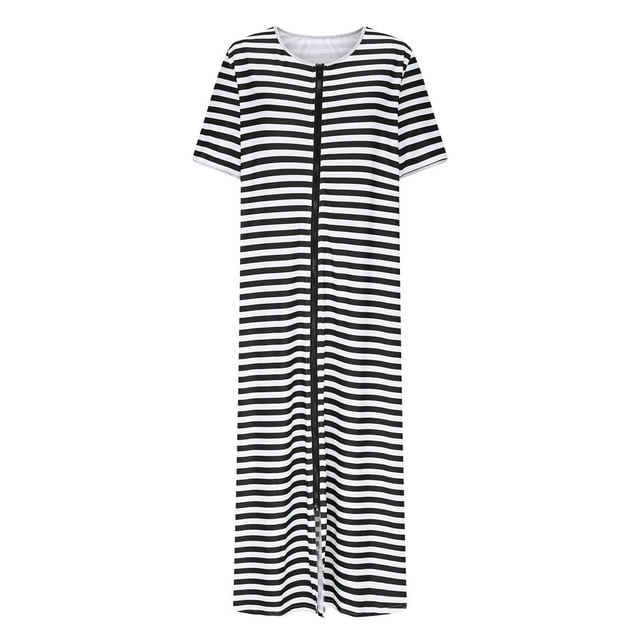 HUJlwoi Chemise de Nuit Imprimée pour Femmes Rayée Longue Robe de Bain Zippée Robe Décontractée Chemise de Nuit Manches 3/4 avec Poches