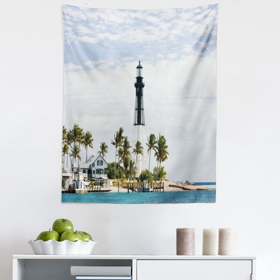 United States Tapestry, Hillsboro Lighthouse Pompano Beach Florida Atlantic Ocean Palms Coast, Fabric Wall Hanging Decor for Bedroom Living Room Dorm, 5 Sizes, Blue White Green, by Ambesonne