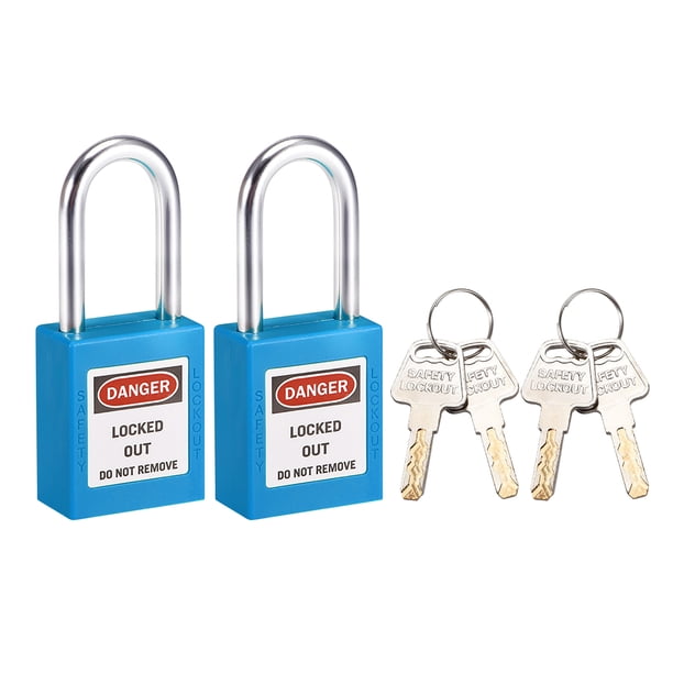 Candados de bloqueo y etiquetado con grillete de 1-1/2 pulgadas, llave diferente, candado de seguridad de plástico azul, 2 pcs