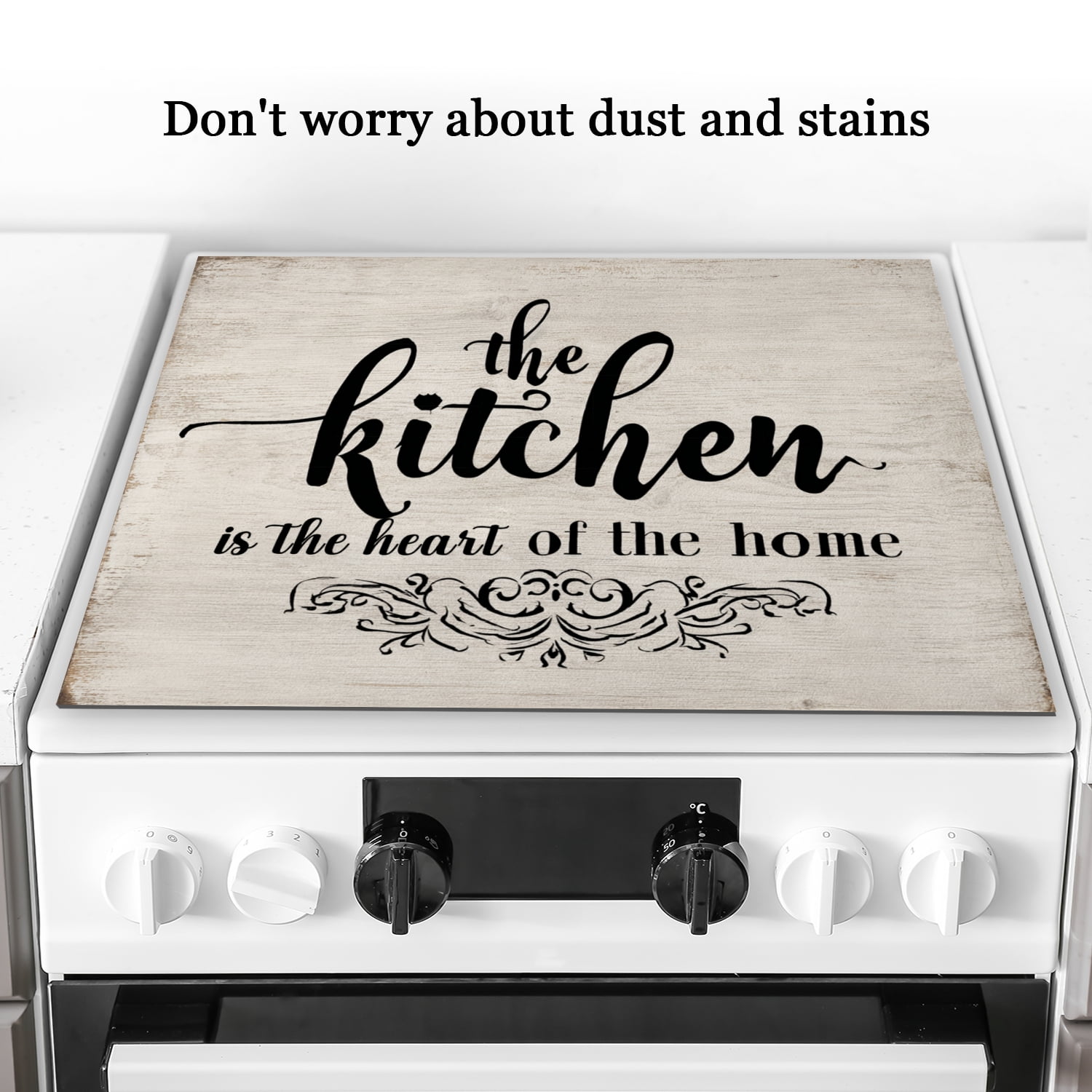 Square Stove Top Covers, Kitchen is The Heart of The Home on Wood Background Print Anti-slip Countertop Protector Mat, Stove Cover Pad for Kitchen RV (28×20 Inch)