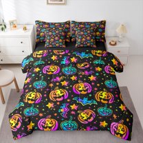 Manfei Colorful Neon Pumpkin Lantern 7 Pieces Bedding Comforter Set,Happy Halloween Full Bedding Set,Stars Print Fitted Sheet Flat Sheet For Teens,Ultra Soft Home Decor Reversible