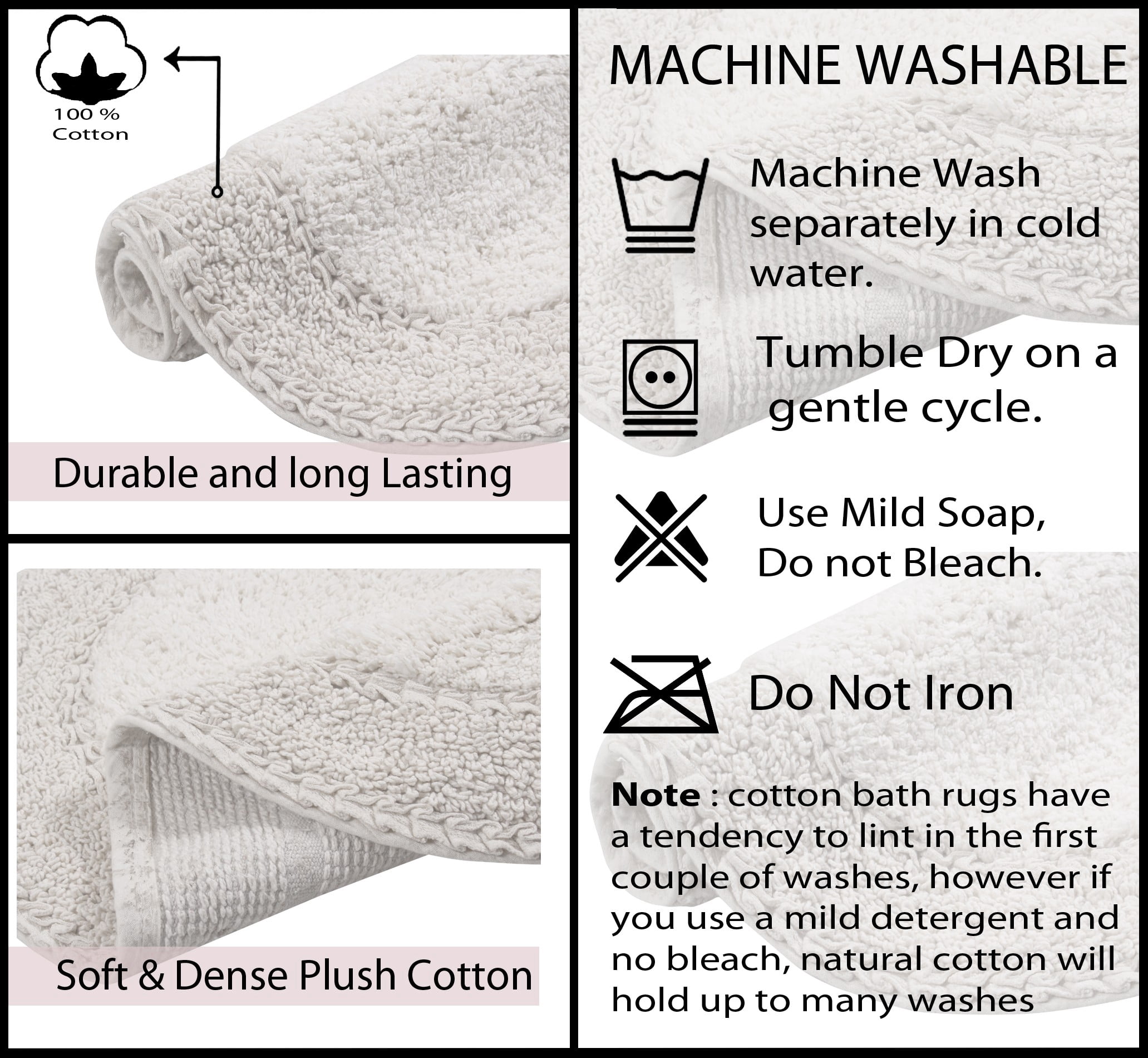 Home Weavers Double Ruffle Collection 100% Cotton Non-Slip Bathroom Rug Set Machine Washable Bathroom Rug, Bath Rug, Bathroom Rug, Runner, Ivory Color 4 Piece Bath Rug set