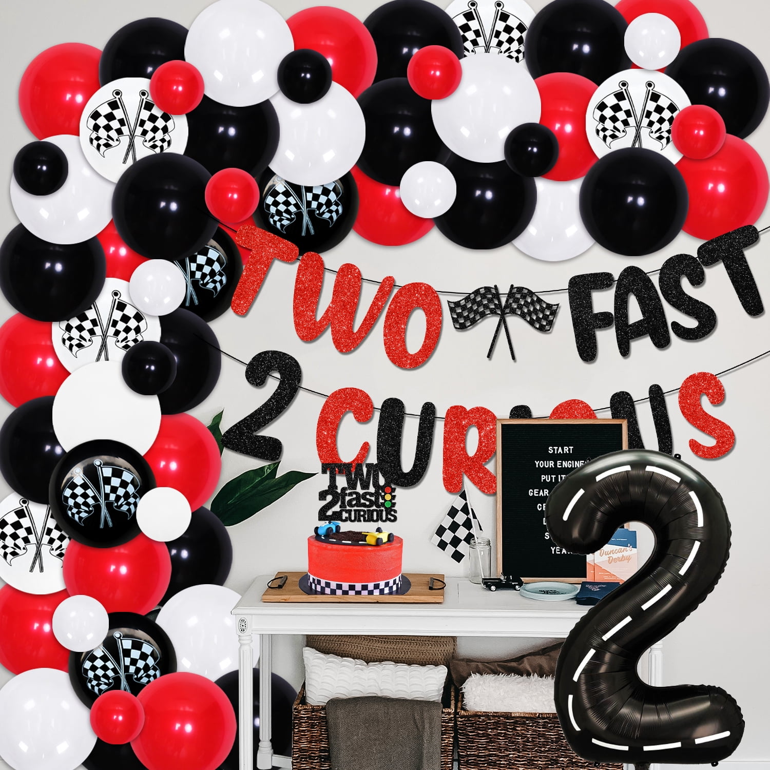 Cheereveal Racing Car 2nd Birthday Decoration Kit, 50 Balloons, Banner & Topper