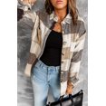 thumbnail image 1 of Women's Khaki Plaid Color Block Buttoned Long Sleeve Jacket with Pocket, 1 of 30