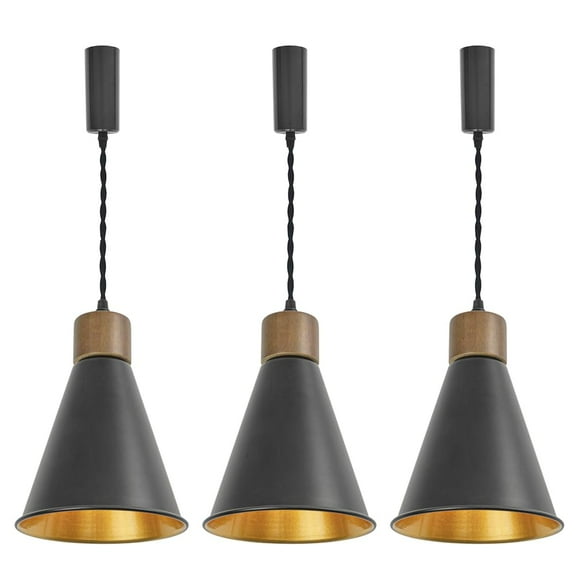 KAYYELAMP Set Three Track Light E26 Walnut Base Black Outer Gold Inner Cone Shade Vintage Design 3.2 Ft Adjusted Cord J-Type Track Hanging Light for Farmhouse Kitchen Sink Home(No Bulb, Track)