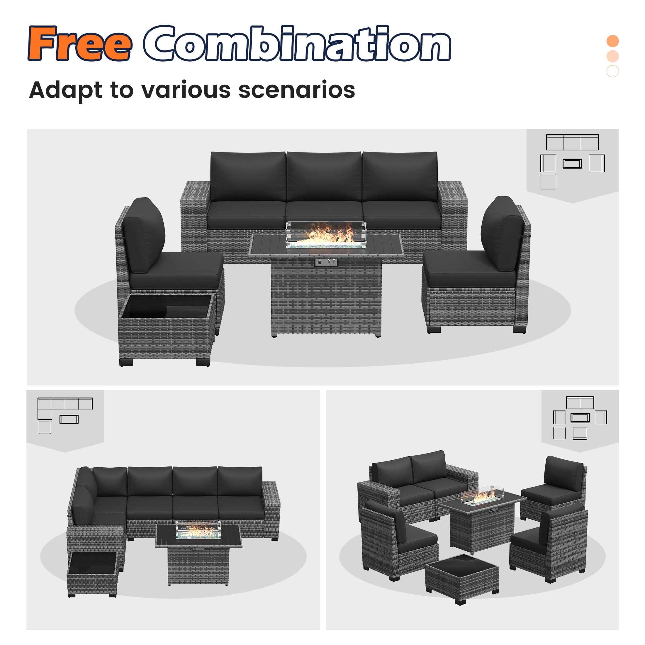 Poteban Outdoor Sectional with Fire Pit Table, 8 Inch Armrest Patio Furniture Set with Waterproof Cover for Garden Backyard, 4'' Thickened Cushion