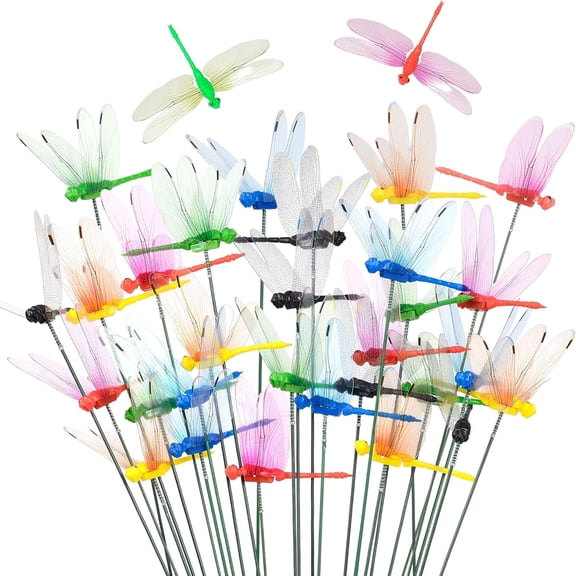 Djiypn 24PCS Dragonfly Garden Stakes, 10" Plastic Garden Decorations 4 Colors Dragonfly Ornaments for Indoor Outdoor Yard