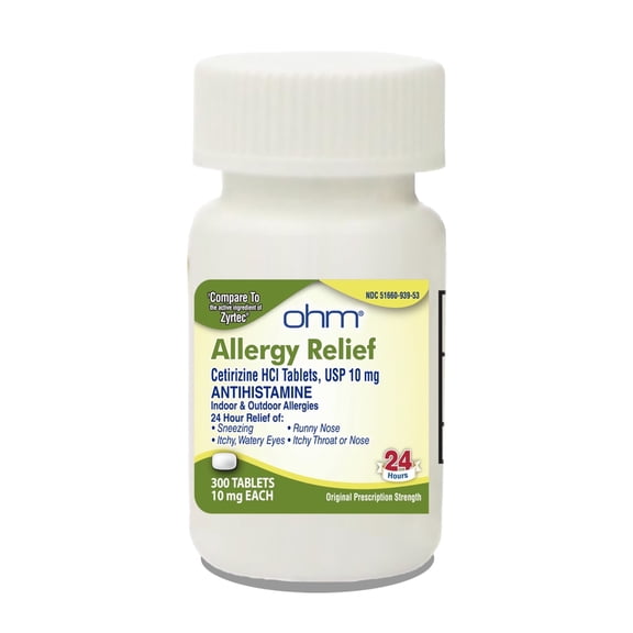 Ohm 24-Hour Antihistamine Cetirizine HCl 10 mg Tablets, 300 Count – All-Day Allergy Relief for Itchy Eyes, Runny Nose, Hay Fever, Pollen, and Indoor & Outdoor Allergies