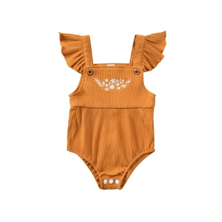 

EYIIYE Newborn Baby Girl Feather Printing Square Collar Flying Sleeve Button Romper Bodysuit 0-18 Months