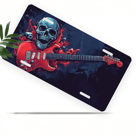 License Plate, Rock n Roll Skull with Guitar Decorative Front,Personalized Stainless Steel License Plate Cover For Men Women,12.2" X 6.2"