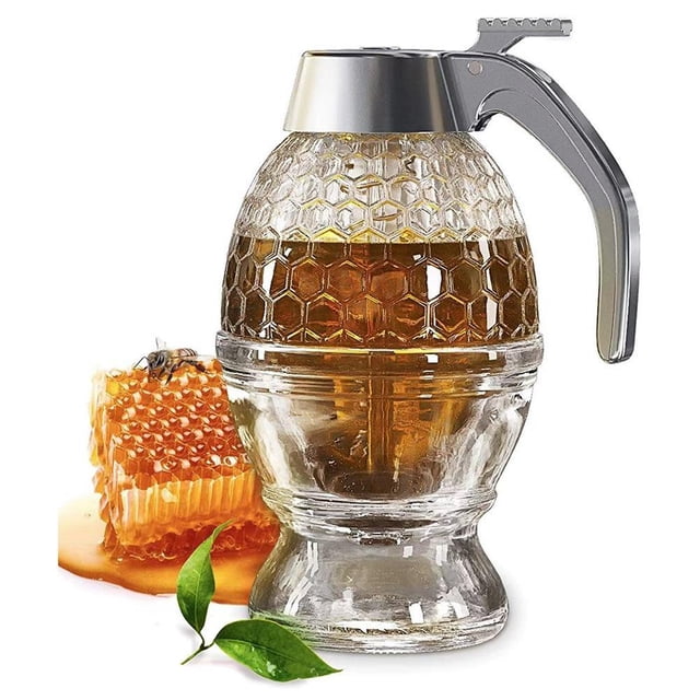 Honeycomb Design Honey Dispenser Jar, Drip-Free Spout for Syrup & Jam, Stable Base, Kitchen Decor