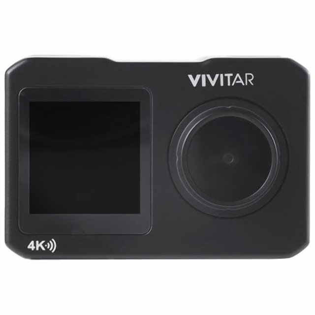 Vivitar Waterproof 4K Sports & Helmet Streaming Camera – Content Creator Kit – Open Box. A compact black action camera with a front-facing lens and display screen, designed for capturing 4K Ultra HD videos. Features a rugged, waterproof housing and includes mounting accessories for helmets, bikes, and gear, ideal for outdoor adventures and vlogging.
