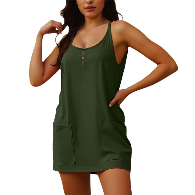 Mono liso de mujer, vestido informal sin mangas con tirantes, botones y bolsillos.