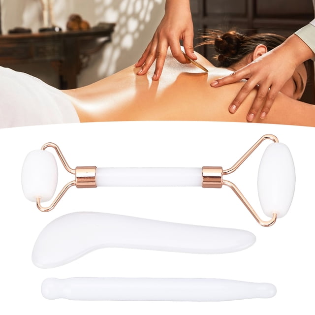 Rouleau de Jadestone, Améliore la Circulation Outil Facial Gua Sha 3 Pcs Rouleau Double Extrémité avec Outil de Raclage en Forme de L pour Usage Domestique Vert, Blanc