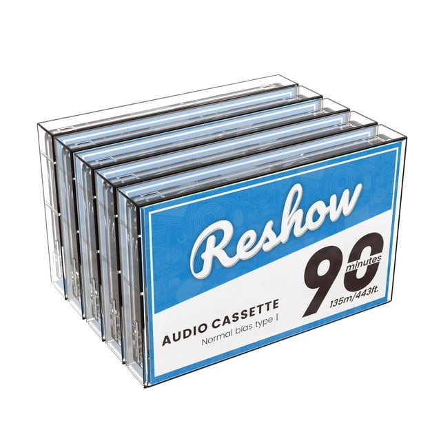 Reshow Audio Cassettes Low Noise High Output 90 Min Time Blank Tapes with Individual Clear Plastic Case, Great for Everyday Recording (Pack of 5)