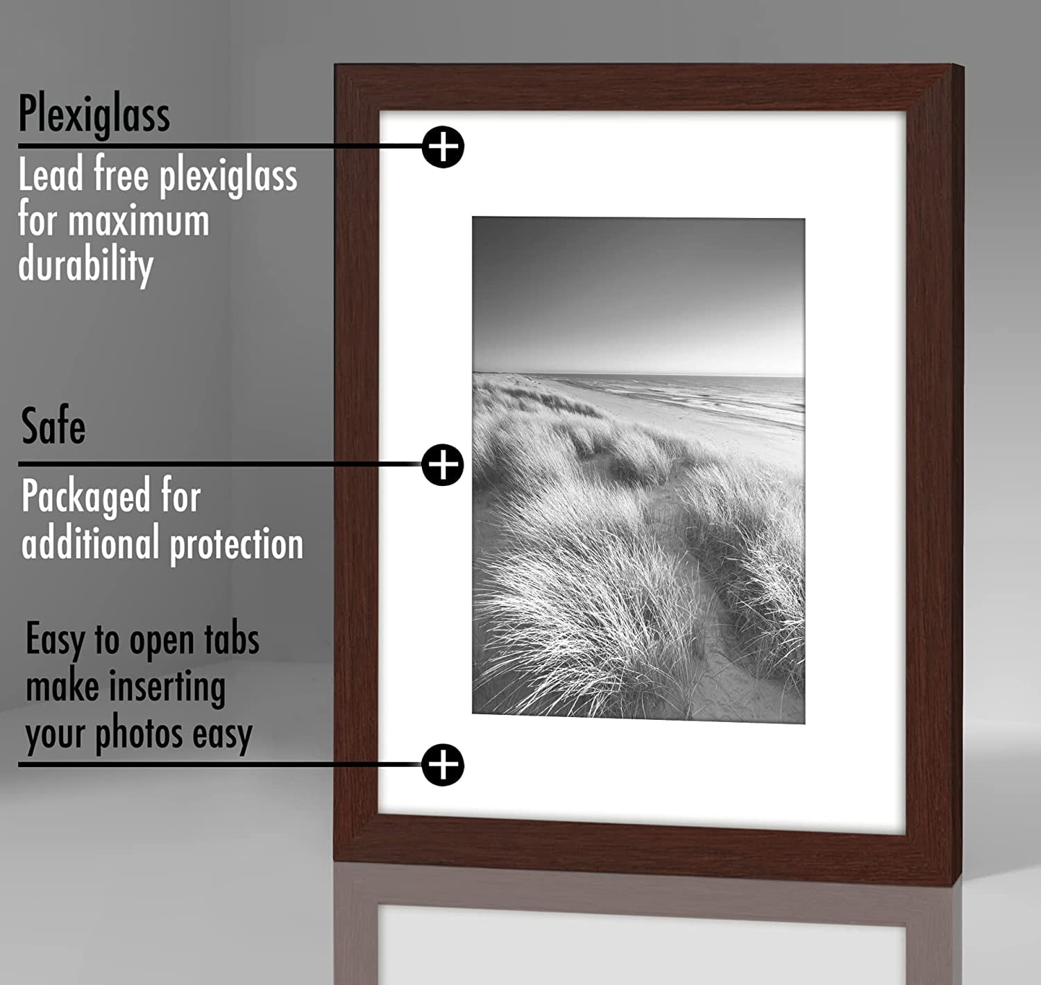 Americanflat 8x10 Picture Frame in Mahogany - Displays 5x7 With Mat and 8x10 Without Mat - Set of 5 Frames - Sawtooth Hanging Hardware and Easel Stand Included For Horizontal and Vertical Display
