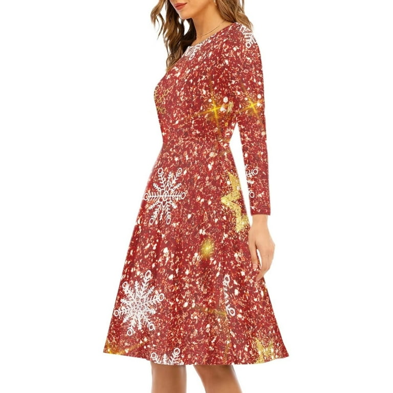 Fkelyi Glitter Christmas Women Dress Size M Soft Snowflake Red Christmas Dress Women Elastic Ladies A Line Dresses Knee Length Fkelyi Glitter Christmas Women Dress Size M Soft Snowflake Red Christmas Dress Women Elastic Ladies A Line Dresses Knee Length