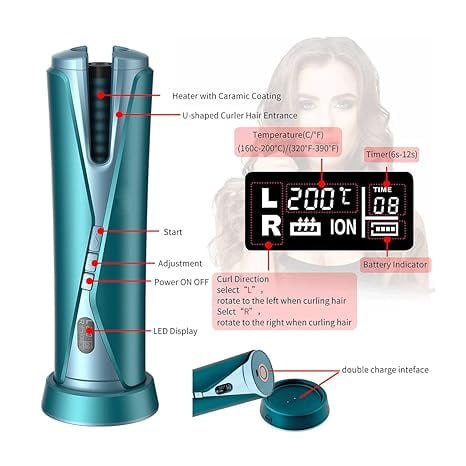 RKXQT Cordless Hair Curler Automatic Curling Iron with LCD Display 5 Temperature & Timer Fast Heating Rechargeable Automatic Hair Curler for Travel (Green)