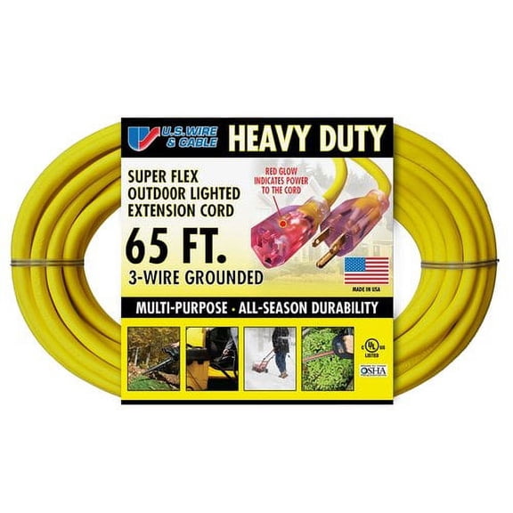 US Wire and Cable Heavy Duty 65' Lighted Extension Cord, Yellow