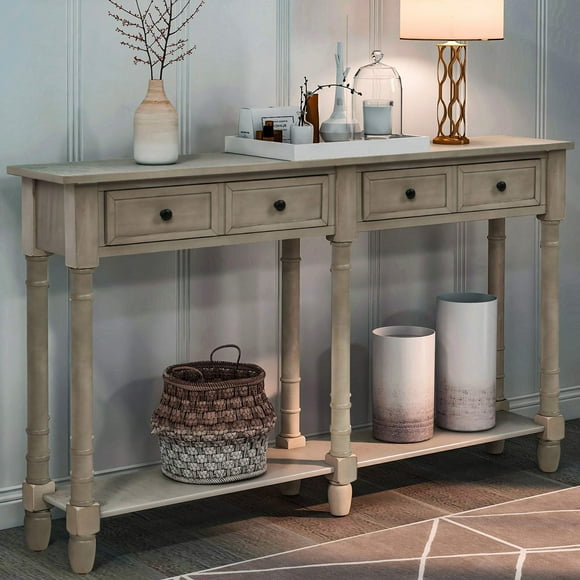 Merax Retro Console Table Sofa Table for Entryway with Drawers and Shelf Living Room Table (Grey Wash)