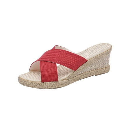 

Funicet Slides for Women Women s High Heels Shoes Linen Straw Sandals Wedges Casual Canvas Dress Slippers Red 37