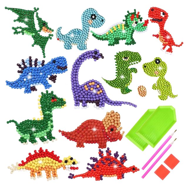 Pintura de diamantes para niños, dinosaurio, pegatinas de diamantes 5D para manualidades infantiles, decoración del hogar, incluye 12 pegatinas de diamantes, 2 bolígrafos de pintura de diamantes, 2