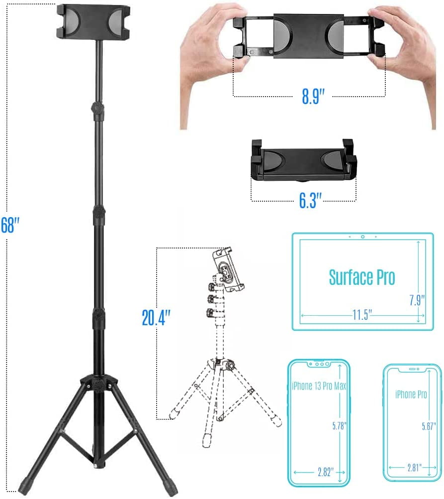 Tablet Tripod for iPad Floor Stand,iPad Pro Tripod Mount for Video Recording,iPhone Holder Stand w. Remote Aluminum 360 Rotating Adjustable 68" Tall Tripod for iPhone 13 Pro Max/Projector/Camera