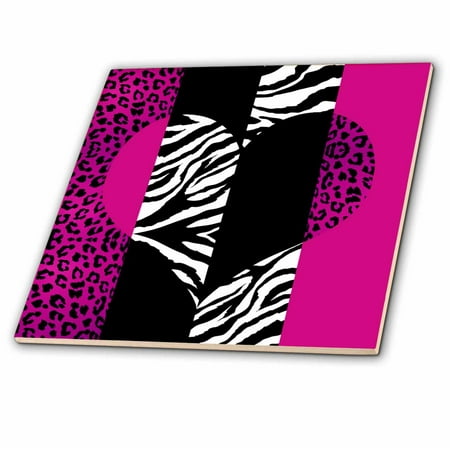 Leopard Tile - 3dRose Pink Black and White Animal Print - Leopard and Zebra Heart - Ceramic Tile, 4-inch