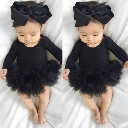 

Qtinghua Cute Newborn Baby Girl Long Sleeve Tutu Romper Jumpsuit Bodysuit Dress Headband Outfits Black 12-18 Months