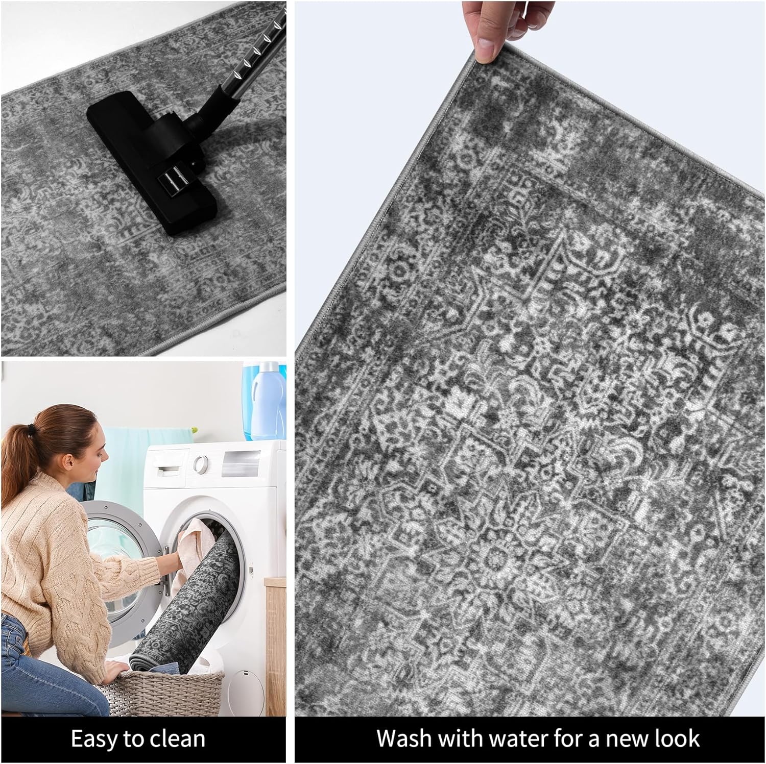 Kitchen Rugs Sets of 3 Non Slip Washable Kitchen Mats for Floor 3 Piece Set Blueish Black Kitchen Mat Set Boho Runner Carpets Absorbent for Laundry Room Hallway Sink Front Door