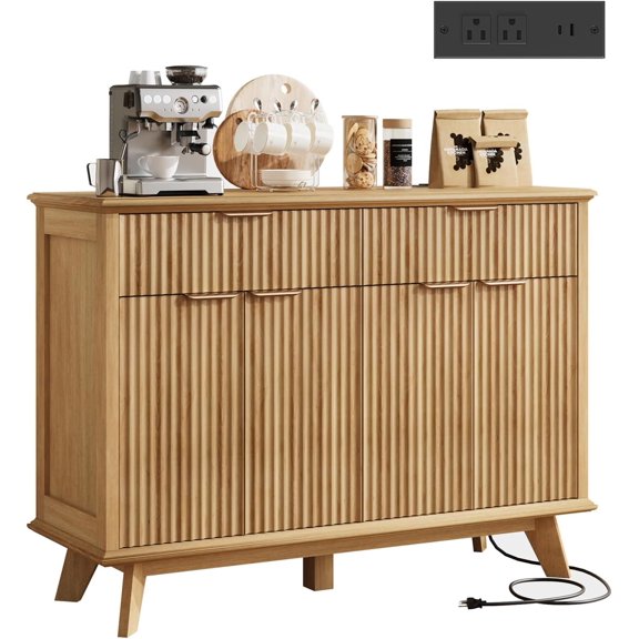 QUW Fluted Buffet Sideboard Cabinet with Storage, 47.2" Kitchen Cabinet with Drawers and Adjustable Shelves, Modern Coffee Bar with Charging Station, for Dining Room, Living Room, Natural Oak
