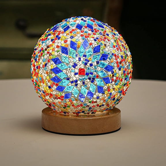 LINLIN Glass Mosaic Table Lamp with Wooden Base USB Vintage Night Light 3 Color Dimmable Lantern Bedside Table Lamp for Living Room Bedroom