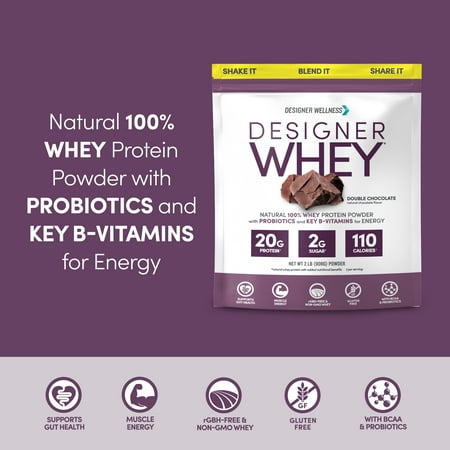 Designer Wellness, Designer Whey, Natural 100% Whey Protein Powder with Probiotics, Fiber, and Key B-Vitamins for Energy, Gluten-free, Non-GMO, Double Chocolate, 2 lb