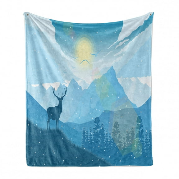 Deer Hunting Soft Flannel Fleece Throw Blanket, Flying Birds Reindeer Mountain Clouds Illustration, Cozy Plush for Indoor and Outdoor Use, 50" x 60", Cream Sea Blue, by Ambesonne