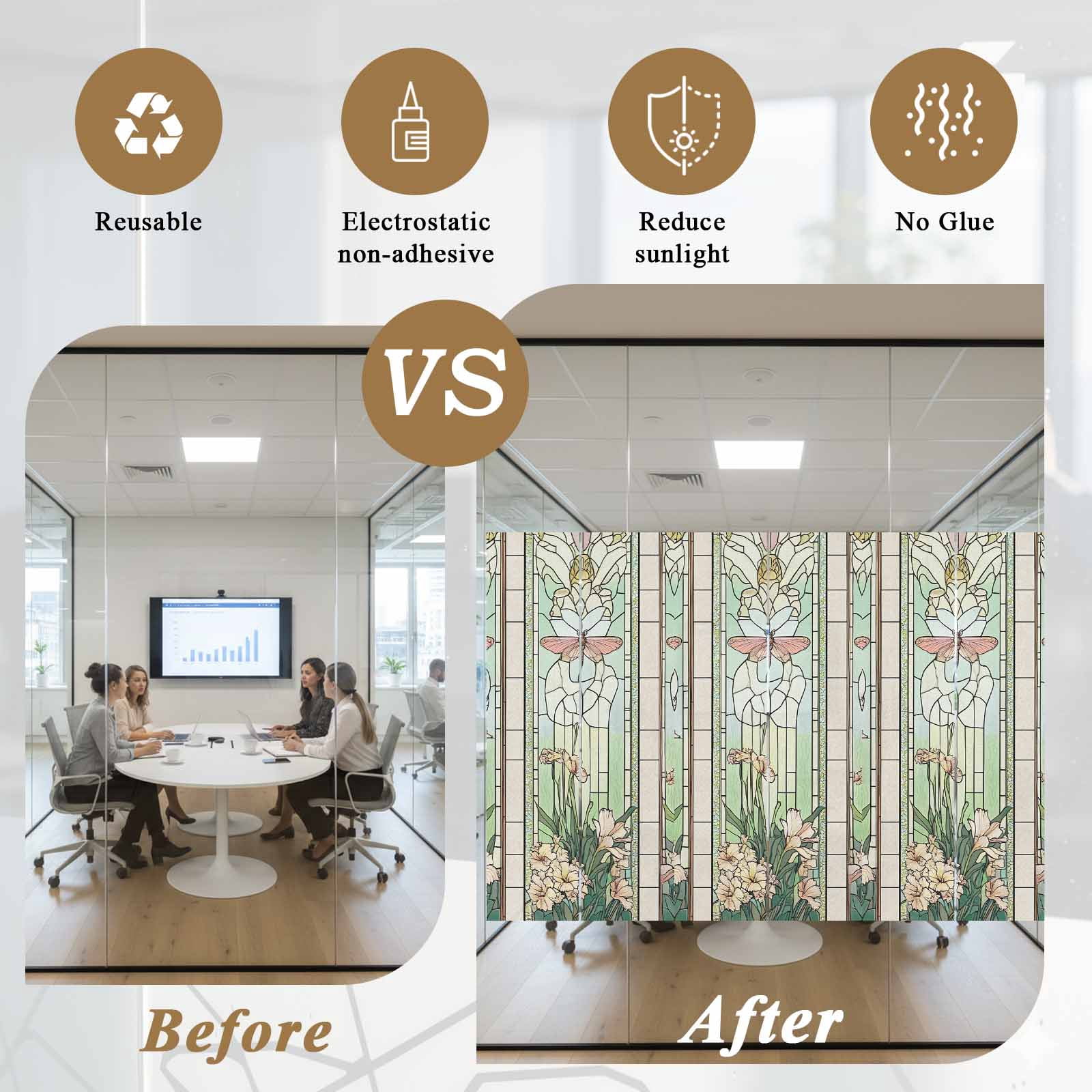 Butterfly Flowers Window Privacy Film, Vintage Stained Glass Green Spring Static Cling UV Sun Blocking Heat Control Window Tint Day and Night, Non-Adhesive One Way Windows Privacy Cover 23.6''x59''