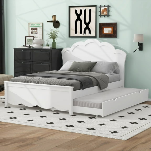 Full Size Wood Platform Bed with Headboard - Twin Trundle, Sturdy & Comfortable