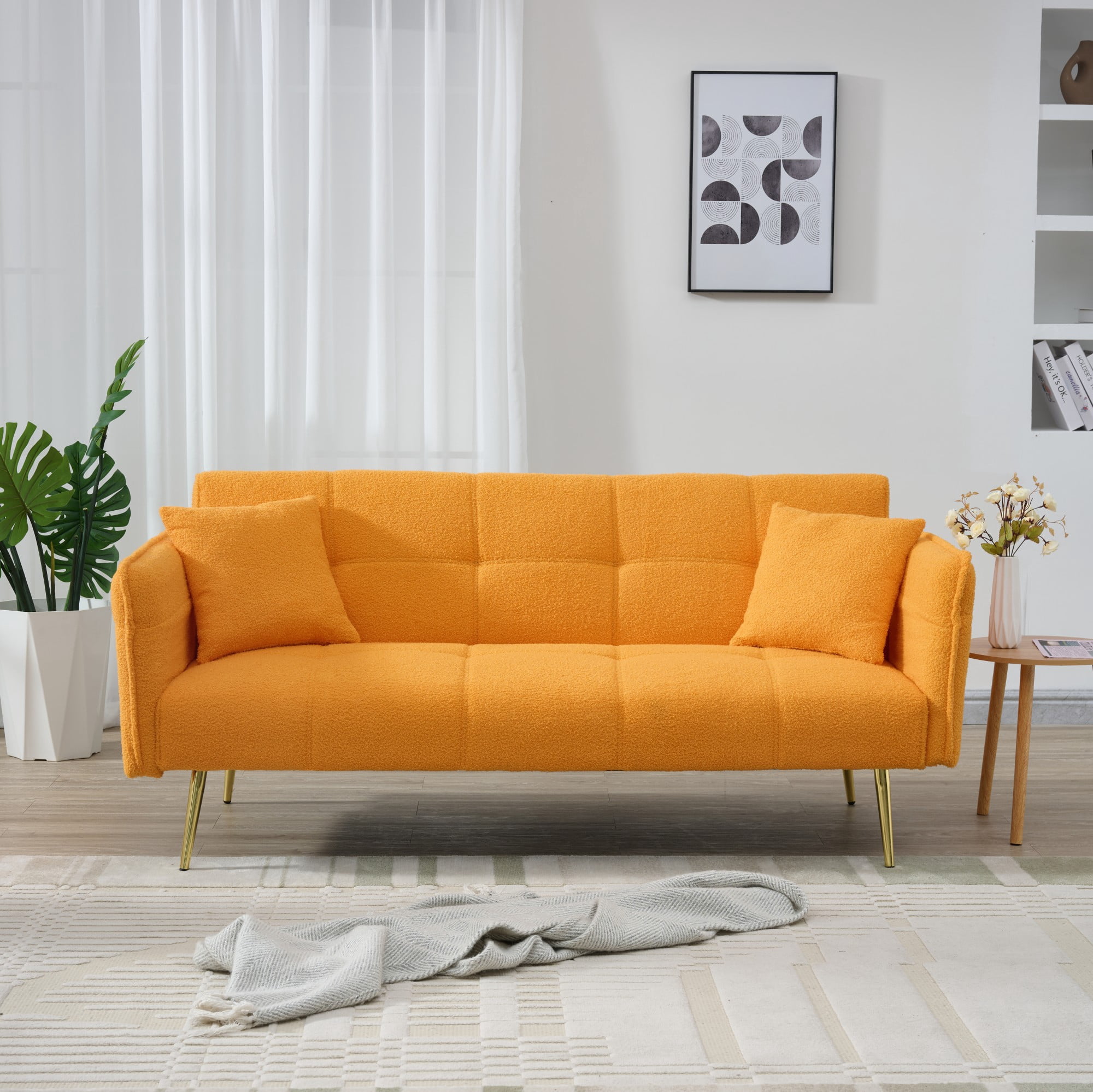 Gewnee Futon Sofa Bed, Convertible Double Sofa Bed with Folding Armrests - Teddy Velvet Fabric & Sturdy Wood Frame for Living Rooms & Small Spaces，Yellow