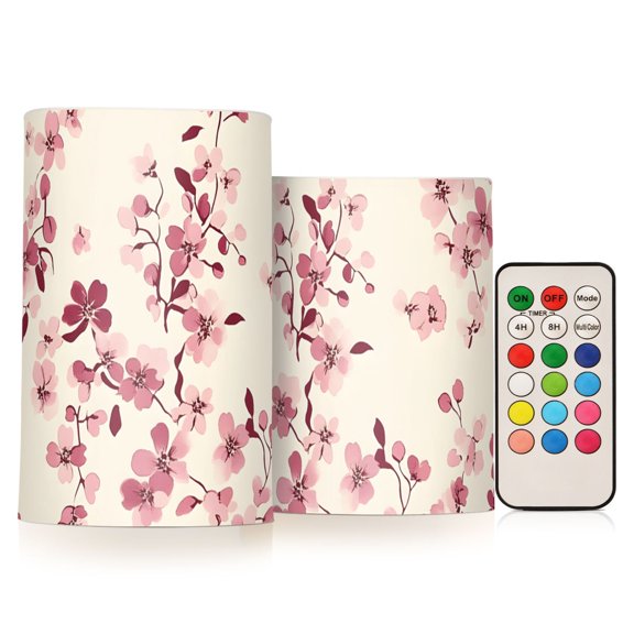 Pink Peach Blossom Flameless Candles Flickering with Remote and Timer Battery Operated LED Pillar Candle Set of 2