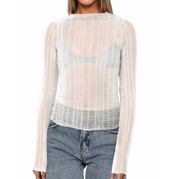 Women Sexy- See Through Long Sleeve T-Shirts Mesh Sheer Skinny Rib Scalloped Trim Tees Blouse Top Outfits White S