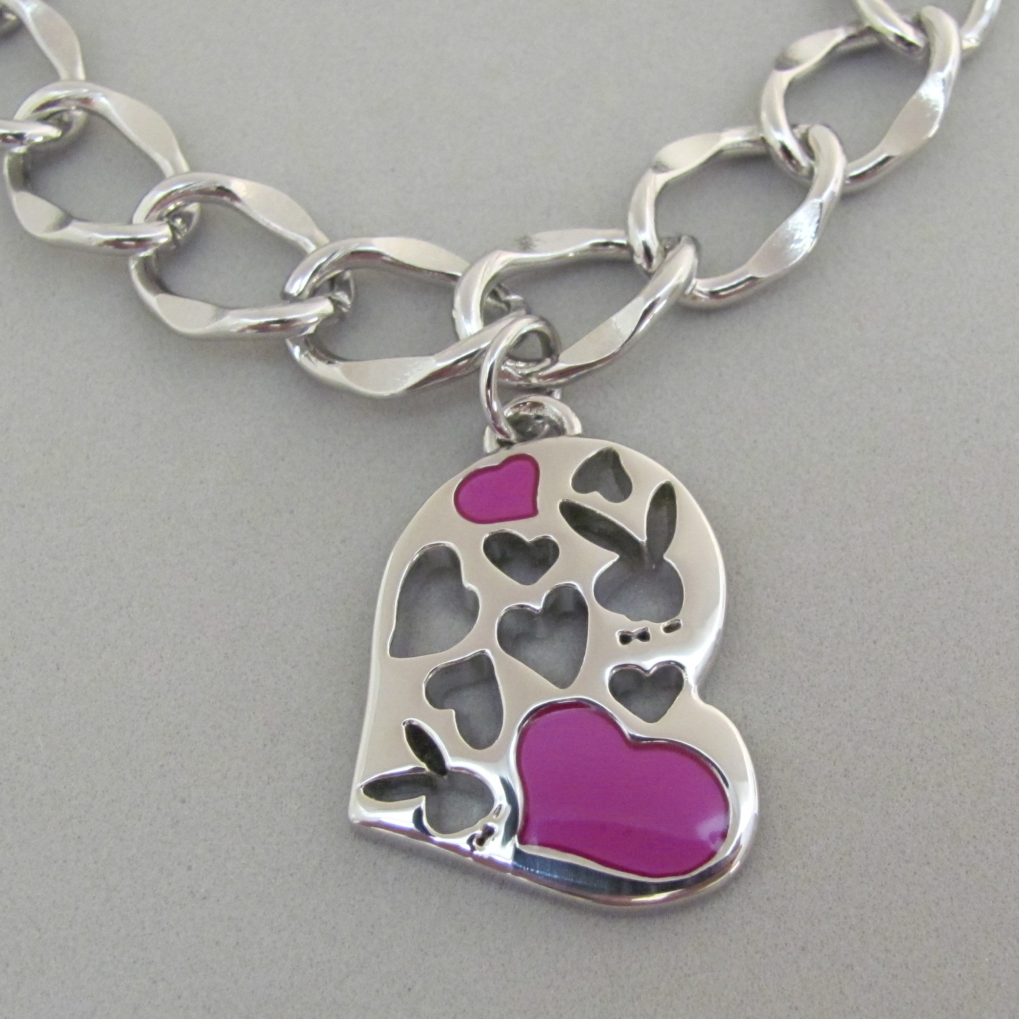 Playboy Bracelet Heart Bunny Charm Pink Enamel Toggle Clasp Platinum Plated