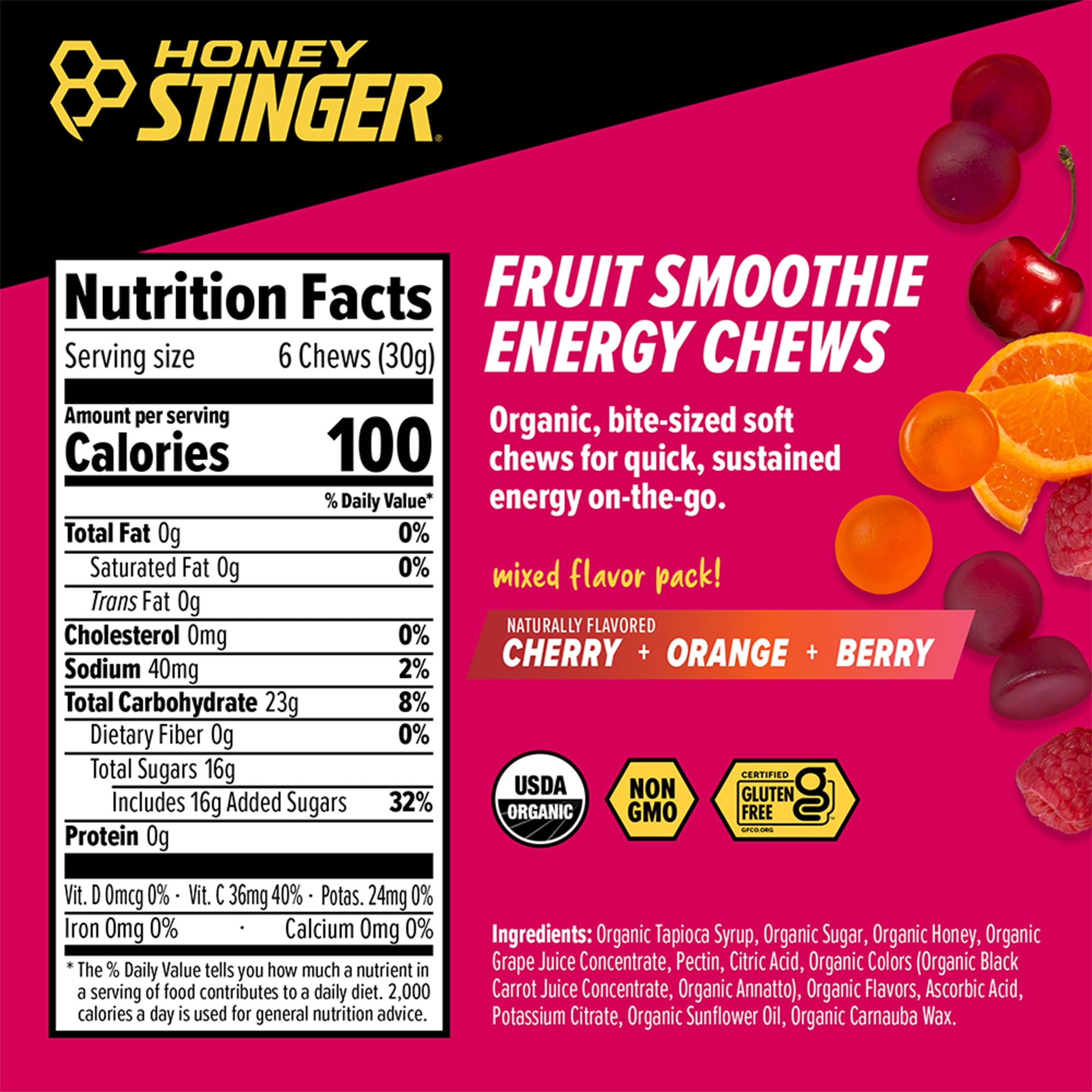 Honey Stinger Organic Gluten-Free Energy Chew, Fruit Smoothie, 4 Count Box