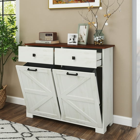Farmhouse Double Tilt Out Trash Cabinet for 20 Gallon Trash Cans, Free Standing, Hideaway Drawer, Tilt Out Trash Cabinet for Kitchen